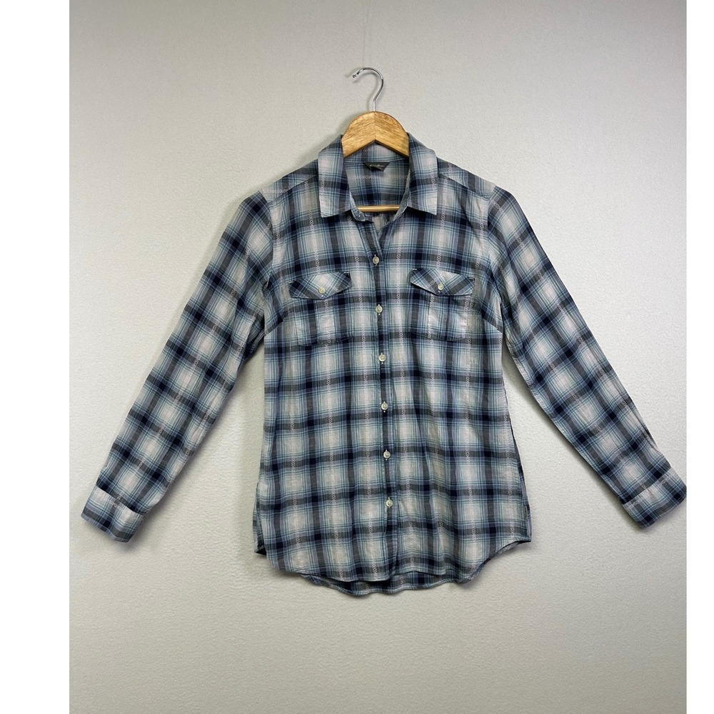 Gorpcore Outdoorsy Eddie Bauer Women Size S Blue Plaid Geometric Button Up Shirt